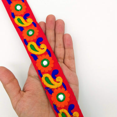 Red Floral Mirrored Trim With Orange Flowers And Yellow Paisley Embroidery, Decorative Trimming, Trim By 3 Yards